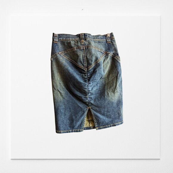 Vintage Cache Ruched Knee Length Denim Jean Skirt Sz 0 - Picture 2 of 13